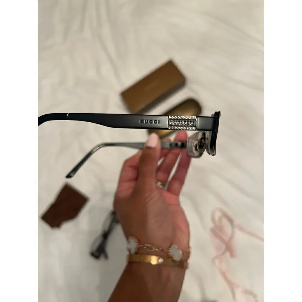 Gucci skinny rectangular black metal frame eyeglasses crystal accent